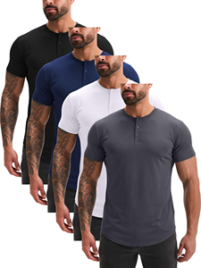 Men's <b>Henley</b> T-Shirt <b>Short</b> <b>Sleeve</b> Slim Fit Solid Color Casual Wear Breathable Cotton Jersey Knitted O-Neck Top - Product Image 1