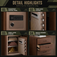Armoire de chevet intelligente en bois avec serrure à empreintes digitales, 3 tiroirs et rangement multi-niveaux pour les objets de valeur de la chambre