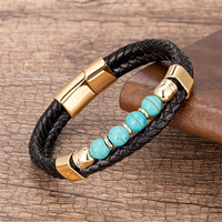 Bracelet pour homme en cuir véritable tressé à double couche avec fermoir en acier inoxydable de haute qualité, perles en pierre naturelle, logo personnalisé