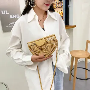 Summer 2 Sizes 20/14cm Mini Khaki Magnetic Clasp Splicing Skeleton Handbag Eco Friendly Bamboo Fan Form Hand Basket Shoulder Bag