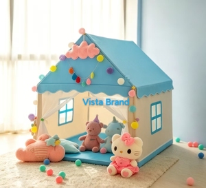 Tente de jeu pour enfants rose et bleue avec décorations pompons colorés en tissu pongé 118x103x130CM, maisonnette pliable pour la sieste et les jeux dans la <span class=keywords><strong>chambre</strong></span> - Product Image 5