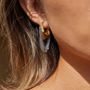 U-Shaped Huggie <b>Earrings</b> With Chain <b>Tassel</b> 18K Gold Stainless Steel Two Tone For Women Light Luxury Fashion Dangle <b>Earrings</b> - Product Image 2