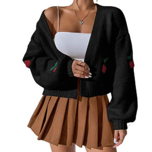 Ladies Casual Short Knit <strong>Tops</strong> Wholesale Wool Cardigan Jacket with <strong>Cherry</strong> Embroidery Short Sweater - Product Image 3