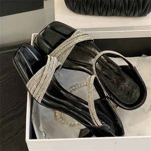 XSD Summer Collection Comfortable Women's <b>Silver</b> Sandals with <b>Low</b> <b>Heels</b> Black Crystal Lace-Up Design for Outdoor Use - Product Image 3