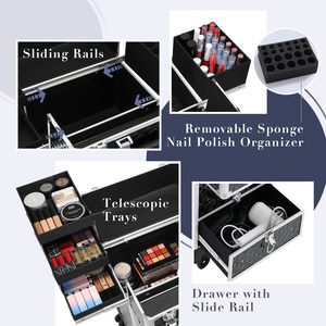 Rolling <b>Makeup</b> <b>Case</b> with Sliding Drawer & 4 Trays Professional Cosmetic Trolley on Wheels for Beauty Artists Hairdresser <b>Case</b> - Product Image 3