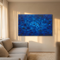 MyArton Tableau mural original sur toile, peint à la main, motif carrés abstraits texturés, peinture à l'huile moderne bleu foncé, décoration prête à accrocher