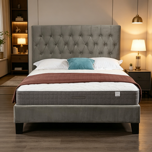 Low MOQ Grey Tufted Velvet <b>Bed</b> Frame Factory Wholesale Queen Size Upholstered <b>Bed</b> with Sturdy Slats - Product Image 1