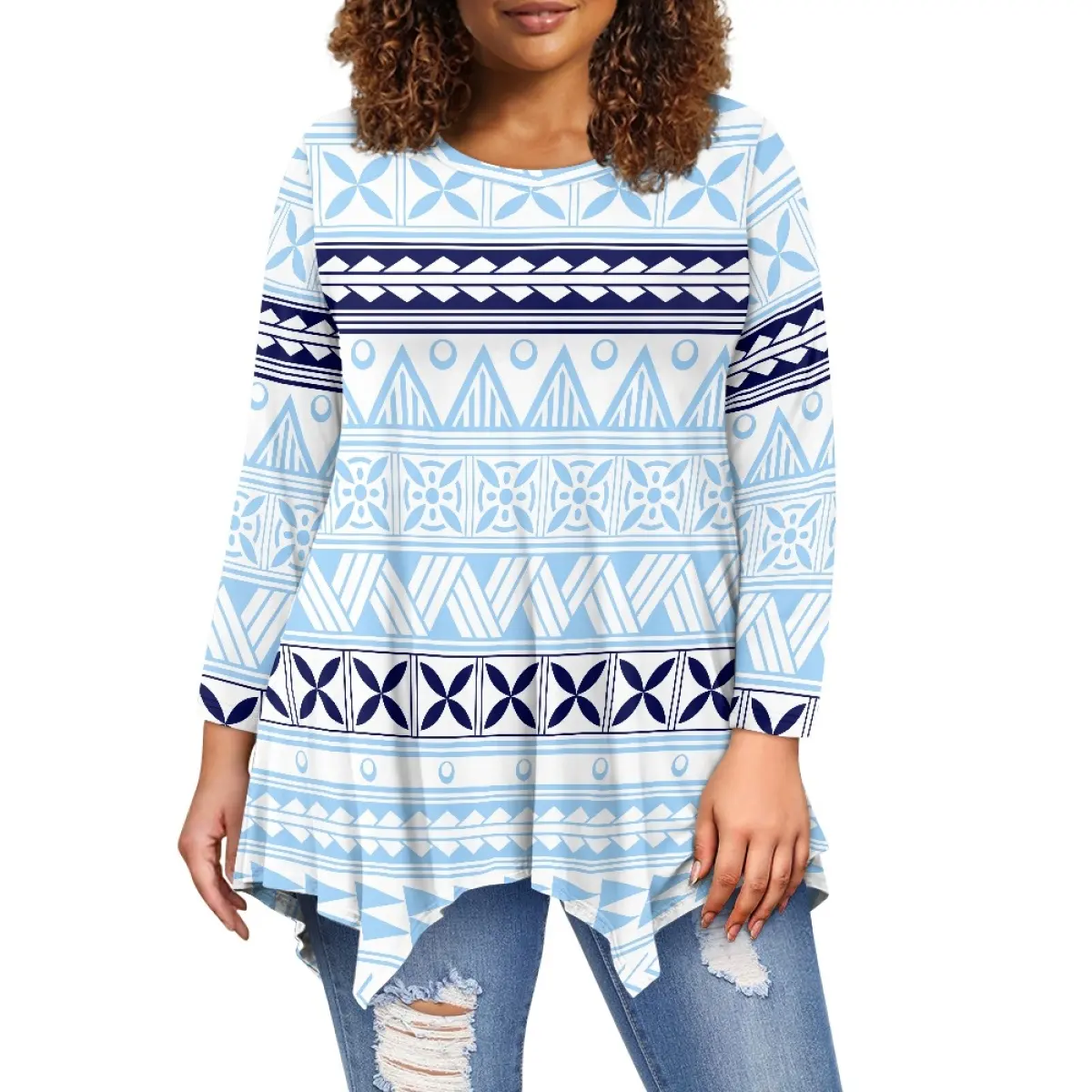 Trendy New Polynesian Clothes Women's Irregular Long Sleeve Tops Samoan Tribal Print Fat Women Top