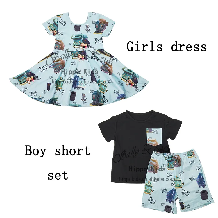 Boutique boy and girl matching outfits dress trash truck print summer time toddler boys outfit clothing set