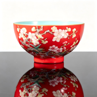 Tasse à thé Kung Fu chinoise traditionnelle en porcelaine rouge vif de qualité supérieure RED LEAF CERAMICS, motif fleur de prunier, résistante à la chaleur et adaptée aux aliments.