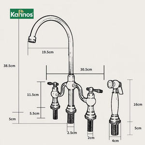 Robinet de cuisine classique en laiton à 3 trous avec finition brossée, design traditionnel avec pulvérisateur manuel pour usage en cuisine - Product Image 2