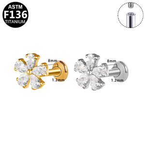 <b>Titanium</b> Plated Flower <b>Stud</b> Earrings F136 Internal Thread Zircon Ear Cartilage Jewelry Unisex Party Fashion Piercing - Product Image 3