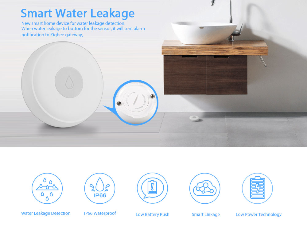 Smart Water Leakage New smart home device for water leakage detection.When water leakage to buttom for the sensor, it will sent alarmnotification to Zigbee gateway,