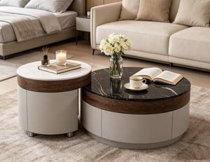 Modern <b>Round</b> Coffee <b>Table</b> Set Marble Top Wood Frame Storage Living Room Furniture <b>White</b> and Black Two Piece Design - Product Image 2