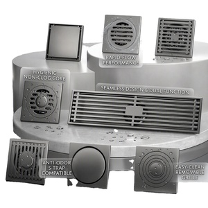 Siphon de sol carré moderne gris mat pour salle de bain, grille amovible facile à nettoyer, anti-odeur, compatible S-trap - Product Image 1