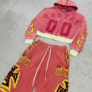 Set Felpa con Cappuccio da Uomo con Zip, Stampa Digitale Pesante, Logo Personalizzato OEM, Ricamo Applicato, Stile Streetwear - Product Image 1