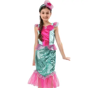 Halloween-Prinzessin Meerjungfrau Fischschwanz-Kleid Maskerade-Party Puffy Ärmel Cosplay-Kostüm 2024 ausgefallenes Sequin knielänger Kleid