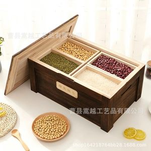 Wooden Grain Storage Box 3 Compartment Solid Paulownia Wood Rice <b>Flour</b> <b>Container</b> Household Kitchen Organizer - Product Image 5