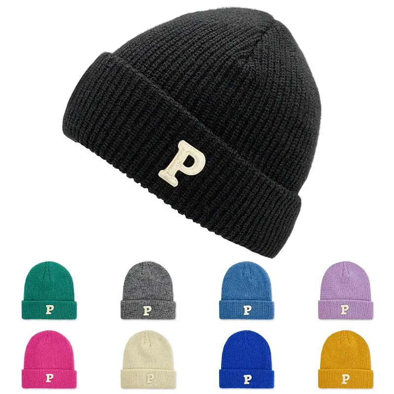 Gorro de tricô com cabo grosso bordado 3D com logotipo de tricô, gorro de inverno de malha unisex com punho, chapéu de malha acrílica