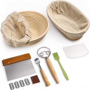 Kits de suministros para hornear pan de masa fermentada ovalada de ratán redonda y 10 pulgadas HT de 9 pulgadas con batidor de masa, raspador de pan cojo, cepillo de silicona - Product Image 1