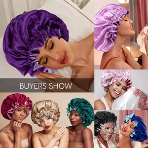 Toptan özel Logo uzun örgü Bonnets ayarlanabilir geniş bant gece şapka uyku kap ipek saç şal çift katmanlı saten kaput - Product Image 6