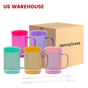 Wholesale Colored High Borosilicate 15oz 15 Oz Blank Sublimation Glass Beer Coffee Mug Cup With Handle And Color Plastic Lids