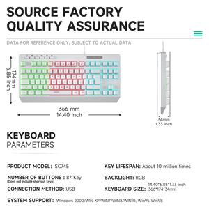 Teclado para juegos con cable Rainbow Teclados personalizado de 87 teclas con interfaz USB retroiluminada con LED, nueva condición para PC Gamer, ordenador portátil - Product Image 3