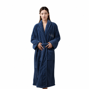 Accappatoio Personalizzato con Logo e Collo <span class=keywords><strong>a</strong></span> Scialle <span class=keywords><strong>in</strong></span> Pile Corallo Blu Scuro Spesso Super Morbido per Uso Quotidiano da Donna - Product Image 1