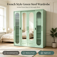 Armoire de chambre à coucher moderne en métal avec portes miroir, étagères et tiroirs