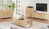 Meuble TV en chêne naturel à panneaux ondulés, console multimédia en bois à profil bas avec rangement multi-portes pour salon