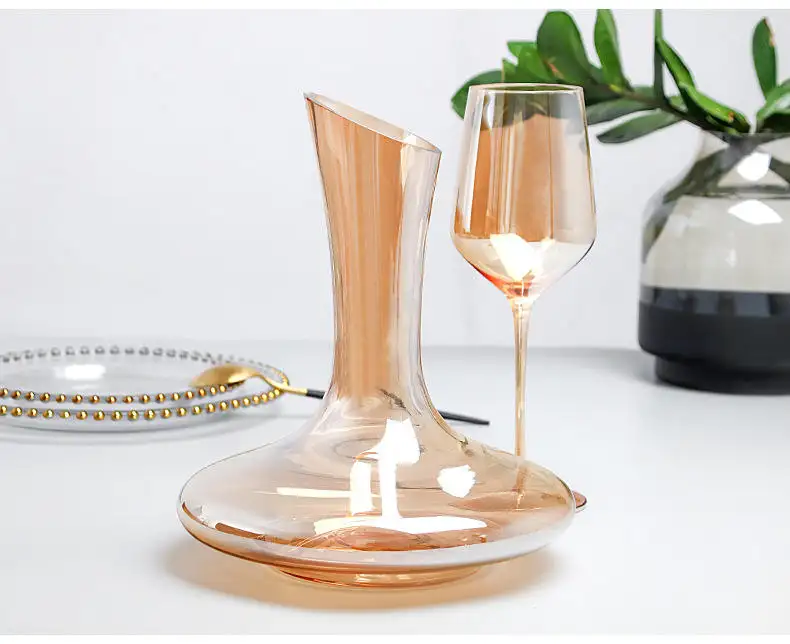 Özel etiket el yapımı elektroliz Amber sürahi şarap dekantörü cam kırmızı şarap şişesi hediye seti