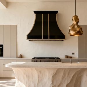 Maßgefertigte Villa-Wandhaube aus schwerem, farbbeschichtetem Edelstahl mit Messingakzenten und weichem, geschwungenem Glockenprofil - Product Image 5