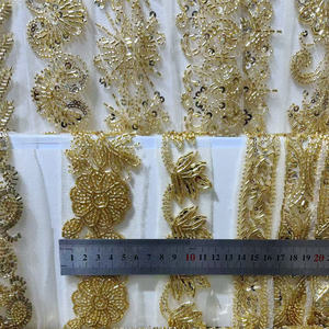 Ricamo a macchina di alta qualità con perline in <span class=keywords><strong>Tulle</strong></span> rifilatura in <span class=keywords><strong>oro</strong></span> perline e paillettes con fiori di pizzo per abiti - Product Image 2