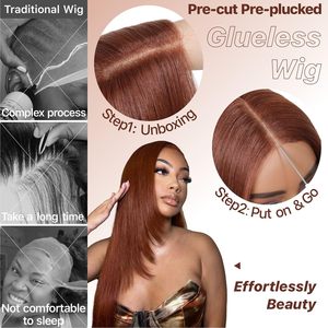 Perruques Lace Front Cooper Blond sans colle, pré-épilées, pré-coupées, pour débutantes, <span class=keywords><strong>avec</strong></span> <span class=keywords><strong>frange</strong></span>, longues, dégradées, lisses, 26 pouces, mèches roux vifs - Product Image 5
