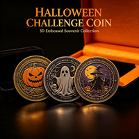 Pièce de monnaie commémorative d'Halloween personnalisée OEM en alliage de zinc, avec gaufrage 3D, finition bronze antique, motifs squelette, citrouille, chauve-souris, sorcière, fabrication usine