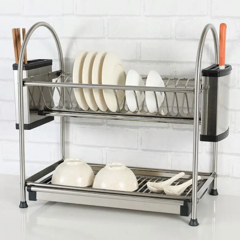 Stainless Steel Kitchen Cabinet Metal Dish Drying Rack 2 Tiers Removable Dish Drying RackVT-09.003