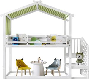 Lit superposé avec petite bibliothèque <span class=keywords><strong>d</strong></span>'<span class=keywords><strong>angle</strong></span>, escalier, lit pour enfants, auvent <span class=keywords><strong>d</strong></span>écoratif, durable, confortable, en bois de pin, lit pour enfants - Product Image 3