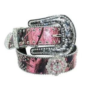 Cowboy pink camo leather western bling rhinestone belt removable floral pin buckle pu belts strap cowgirl belts