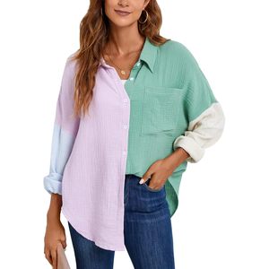 Camisa de Mujer con Botones, Bloques de Color, Manga Larga, Informal, de Algodón y Fibra de Bambú, Popelina, para Uso Diario - Product Image 1