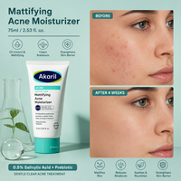 Akaril 75ml Hydratant Matifiant Anti-Acné à 0,5% d'Acide Salicylique, Absorbe l'Excès de Sébum, Fini Mat, Élimine les Imperfections, Peau Nette et Saine