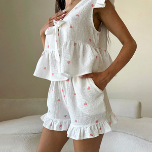 Ensemble de pyjama en coton personnalisé pour femmes, haut à manches courtes et short, doux, respirant, confortable, vêtements de détente printemps-été - Product Image 3