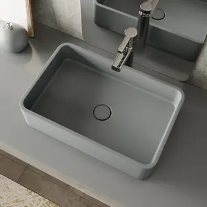 DASEN grosir basin batu padat abu-abu persegi panjang wastafel kamar mandi beton meja cuci tangan basin buatan tangan konter wastafel
