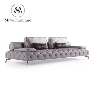 现代德国客厅真皮簇绒沙发镀金不锈钢金属腿沙发套装灰色沙发双人躺椅