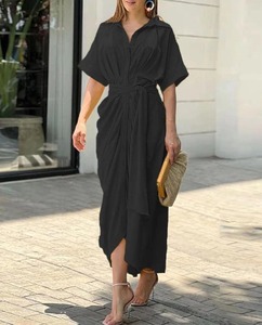 Robe longue pour femme en gros, Robe élégante pour femme, Nouvelle robe chemise décontractée à manches courtes et taille haute pour femme - Product Image 4