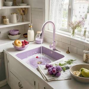 Évier de cuisine en acier inoxydable violet épaissi, à cuve unique, style cascade, pour eau de pluie, à poser sur plan de travail - Product Image 6