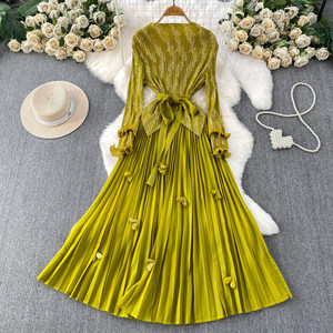 Fashion Women <strong>Clothes</strong> Elegant <strong>Gold</strong> Foil Pleated Dress Ruffle Sleeves Belted Waist Women's Dress Casual Fashion Pleated Dress - Product Image 5
