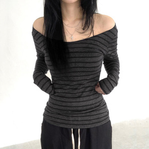 เสื้อเบลาส์แขนยาวลายทางเปิดไหล่สำหรับผู้หญิงเสื้อยืดลำลองแนวเซ็กซี่เรียบง่ายเข้ากับทุกชุด - Product Image 3