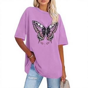 T-shirt ample à manches courtes et col rond pour femme, imprimé papillon violet, coupe décontractée, printemps-été - Product Image 1