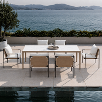 Ensemble de salle à manger en rotin et teck durable pour l'extérieur, 6 places, résistant à l'eau et au sel, mobilier de cour moderne