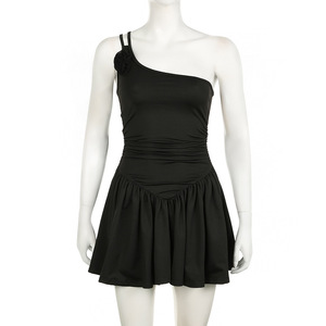 Calle Y2K moda hombro inclinado Rosa broche vestido negro elegante cintura A-Line plisado Mini falda vestido - Product Image 6